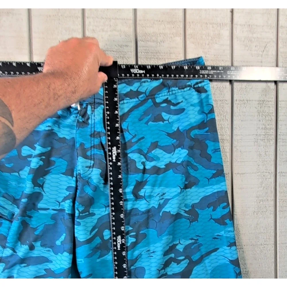 Pelagic 4 Tek Board Shorts Men's 38 Blue Fish Camouflage Performance Zip Pocket - Picture 3 of 8